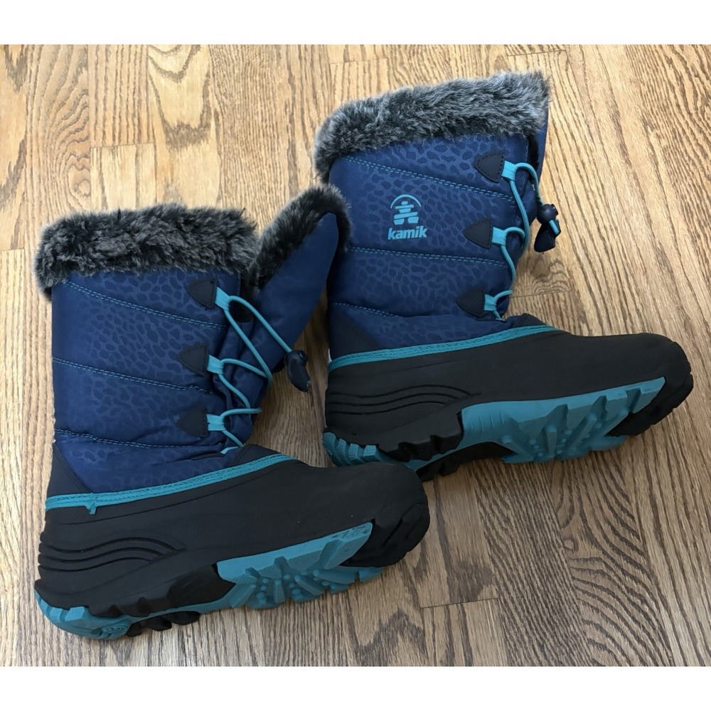 Kamik Girls Dark Blue Quilted Waterproof Snow Boots Fur Trim Size 6 Mid-Calf